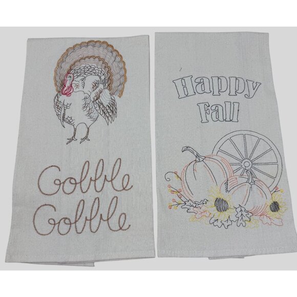 Thanksgiving Fall Embroidered Kitchen Towels Turkey Pumpkin Bon Ton Cotton - Picture 1 of 8